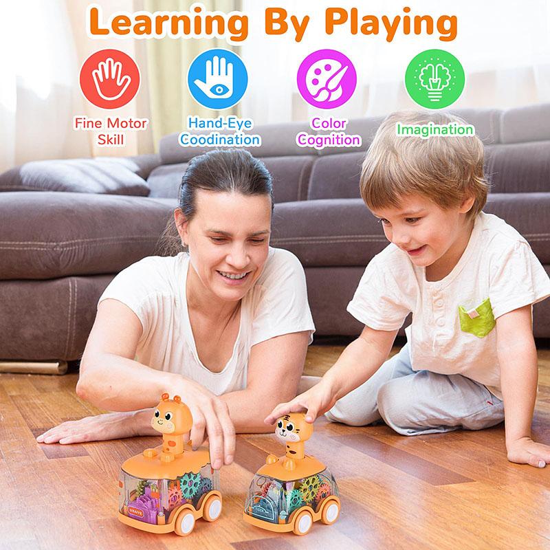 Children Press Transparent Gear Car Inertia Early Education Puzzle Grip Training Toy Car with Light Children's Gift