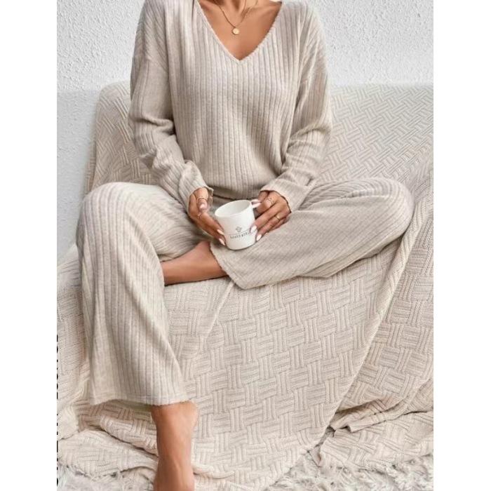 Women's Set of Loose Casual Long-sleeved V-neck Pit Striped Brushed Top and Trousers 2-piece Set