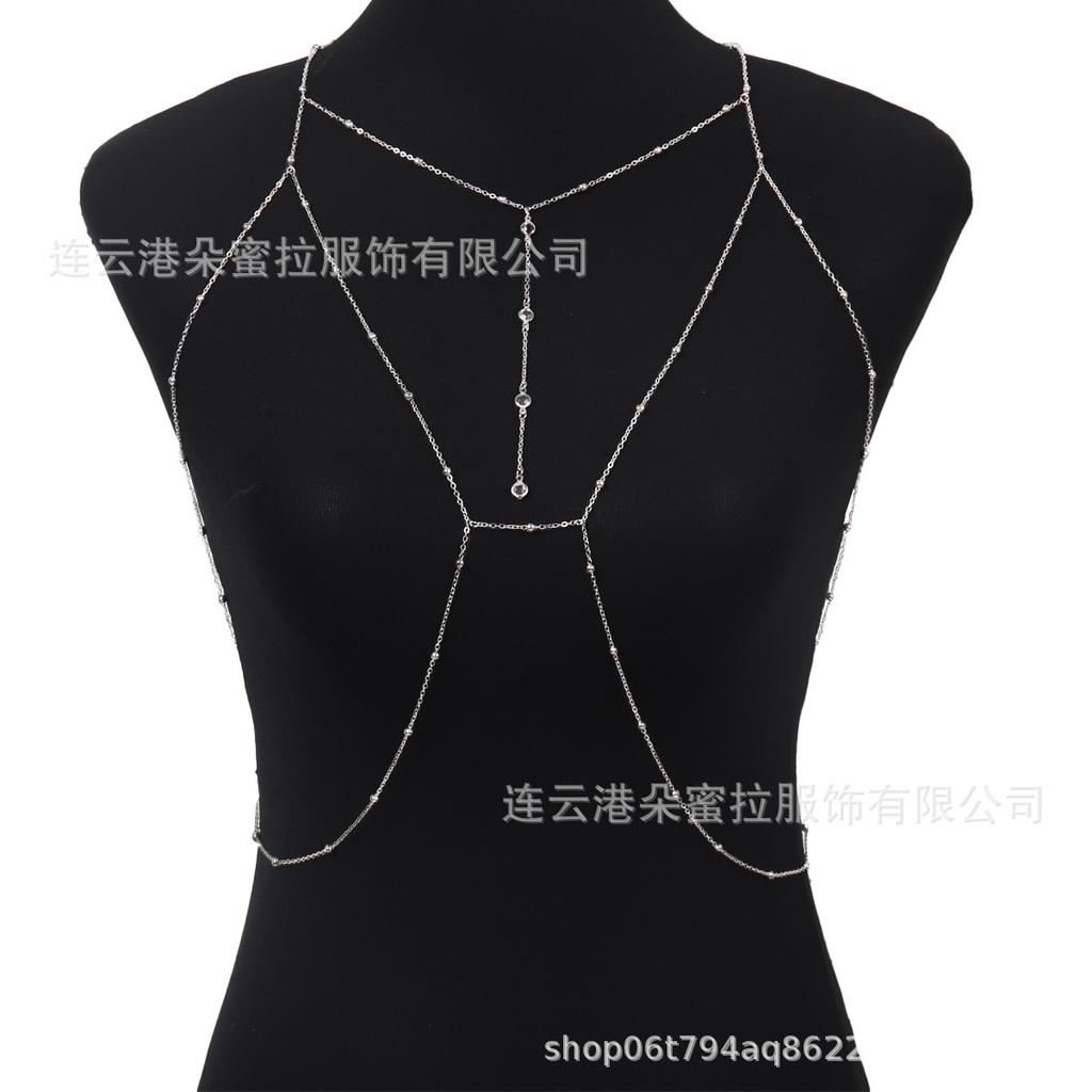 Cross-border Jewelry Body Chain European and American Sexy Exaggerated Beach Casual Flash Diamond Pendant Fringed Alloy Chest Chain