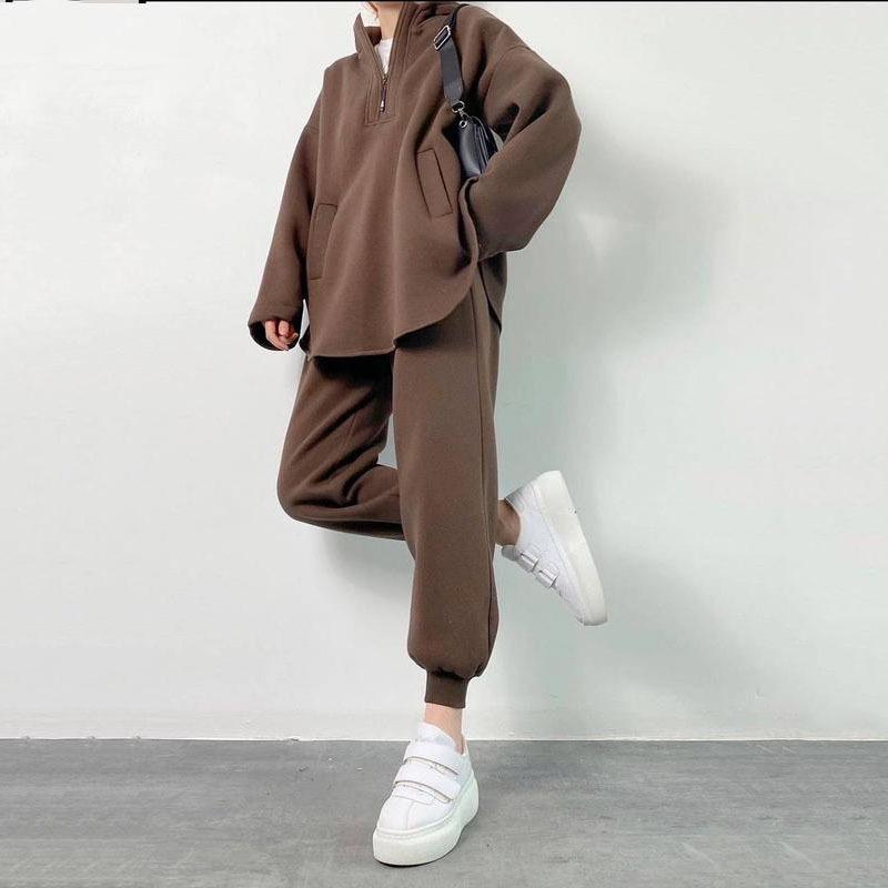 Women Solid Color Long Sleeve Hooded V Neck Hoodies Suit Autumn Winter Loose Top Wide Leg Pants