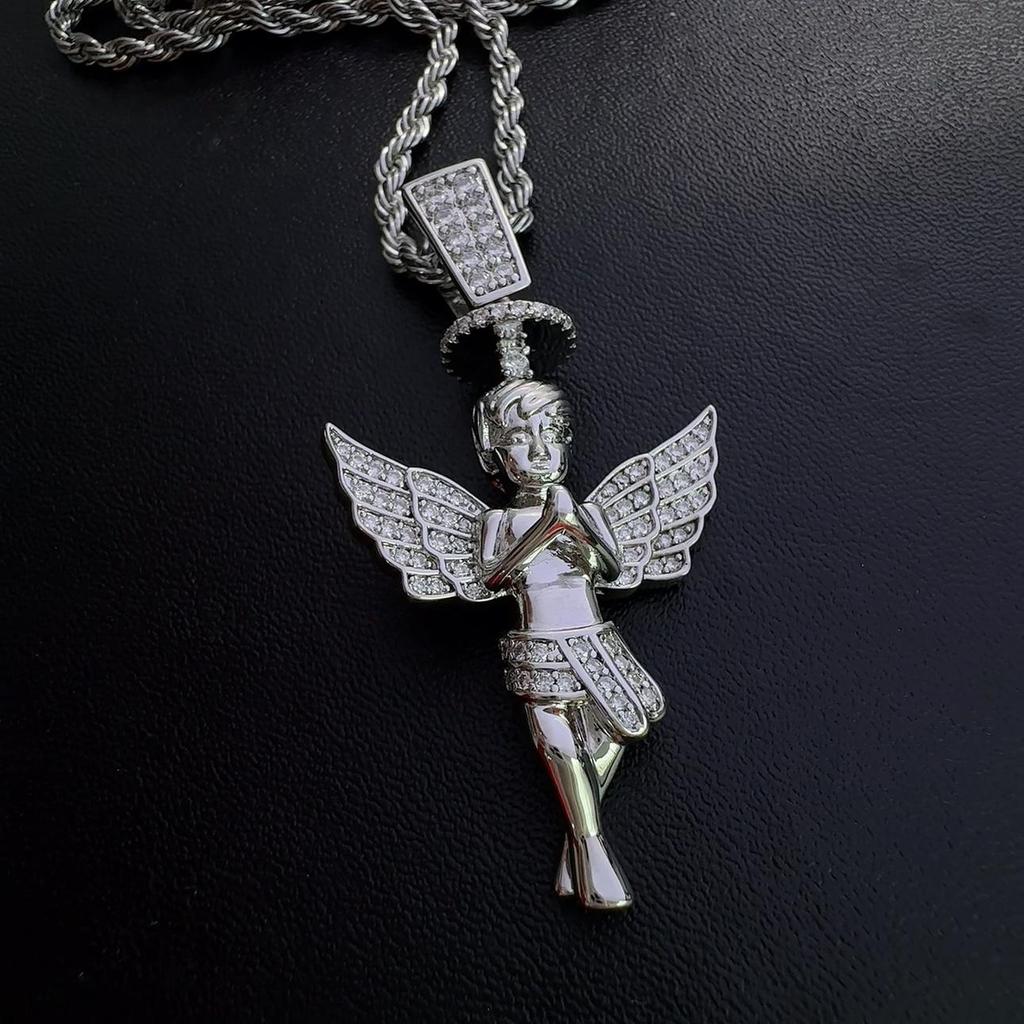 Halo Angel Boy Pendant Necklace With Wings Hip Hop Moissanite Jewelry D VVS1 Fine Jewelry For Men Women
