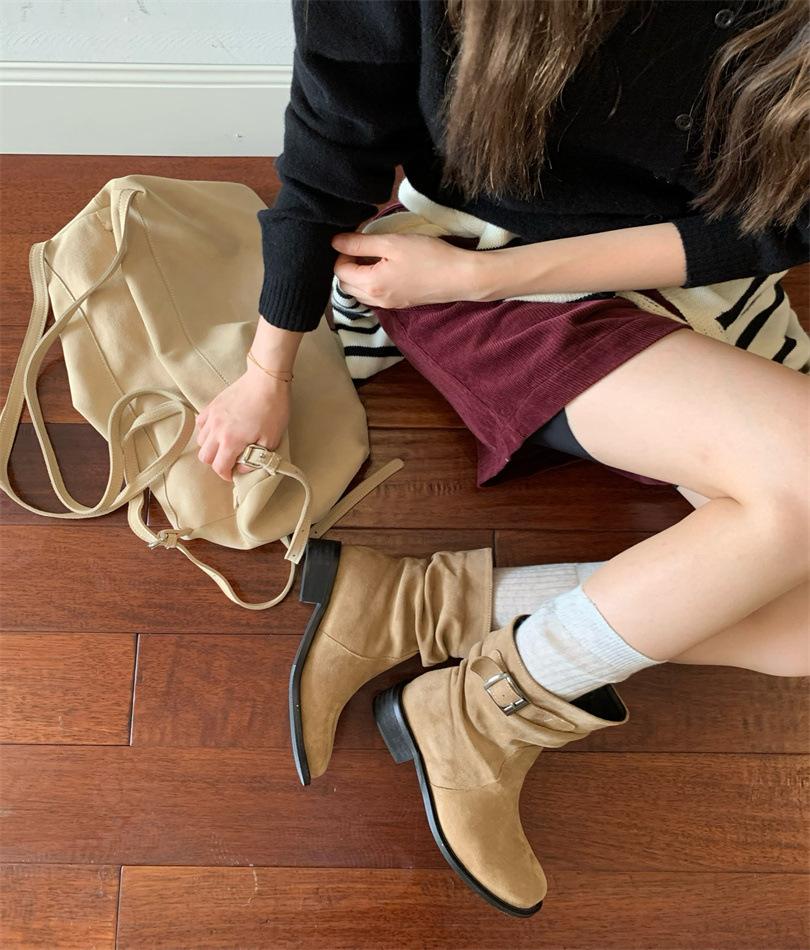 ~ Design niche western cowboy boots round head wide tube folded flat bottom belt buckle short boots women's knight boots