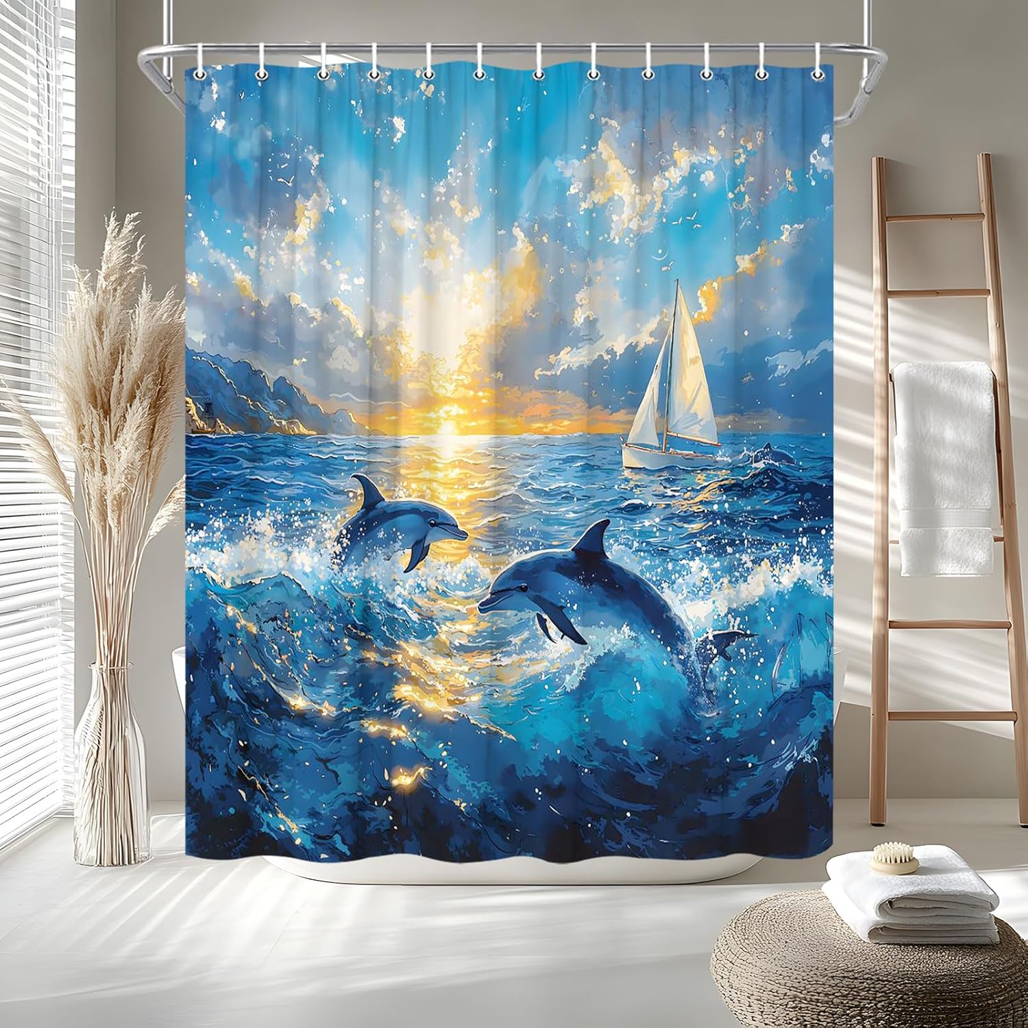 Annier Dolphin Shower Curtain Tropical Wildlife Sailboat Sunset Ocean Scenery Cute Animals Oil Painting Bath Curtain Fabric Bathroom