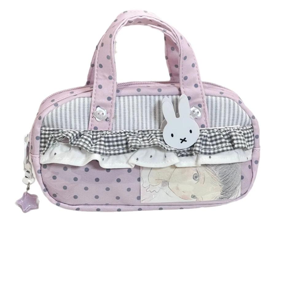 Pink Plaid Polka Dot Pencil Case Large Capacity Multi-Layer Pen Pouch for Middle School Girls Handheld Stationery Organizer