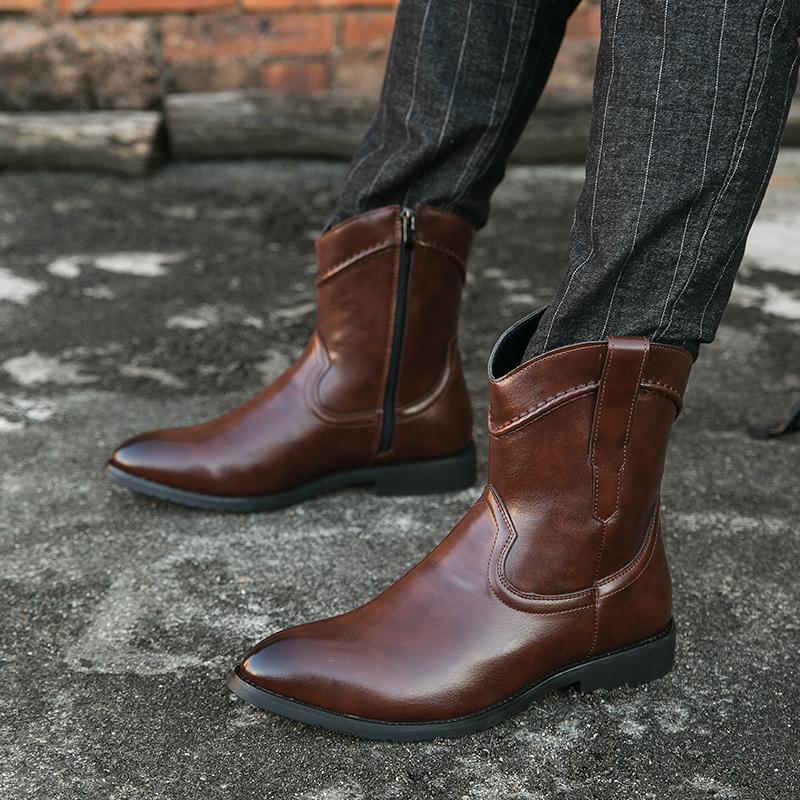 

Чоловічі чоботи вестерн з гострим носом, кінчиками крил, чорно-коричневі, жовті, повсякденна сукня в стилі ретро, ​​шкіра на блискавці, чоловічі демісезонні чоботи до середини ікри для чоловіків великих розмірів EU:43 коричневий