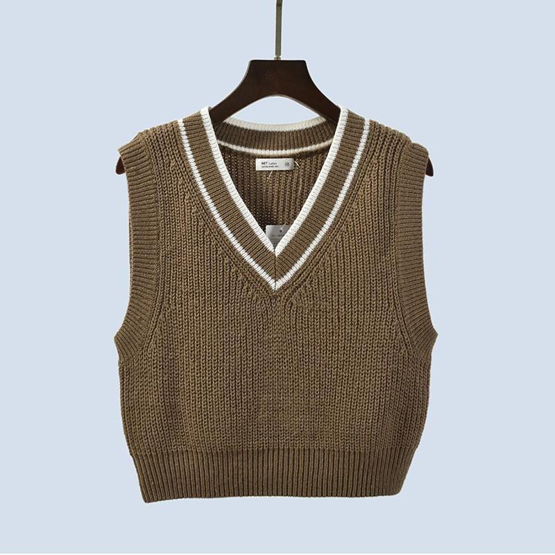 V Neck Sleeveless Short Color Matching Bandage Dress Preppy Style Knitting Sweater Export Quality Vest Jacket Women's Inner