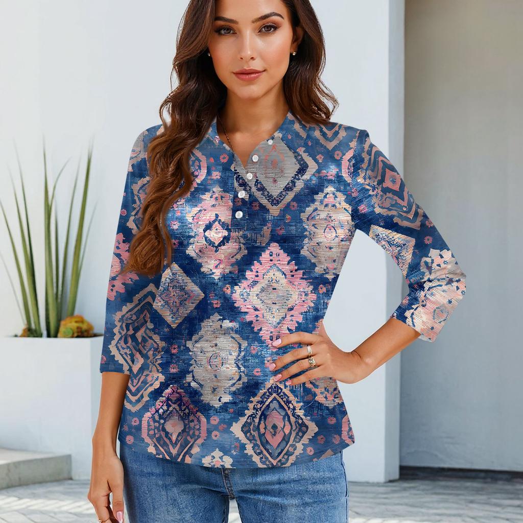 Dámská móda Ležérní klopa Krátký 3/4 rukáv Potisk Košile Dámské zapínací topy