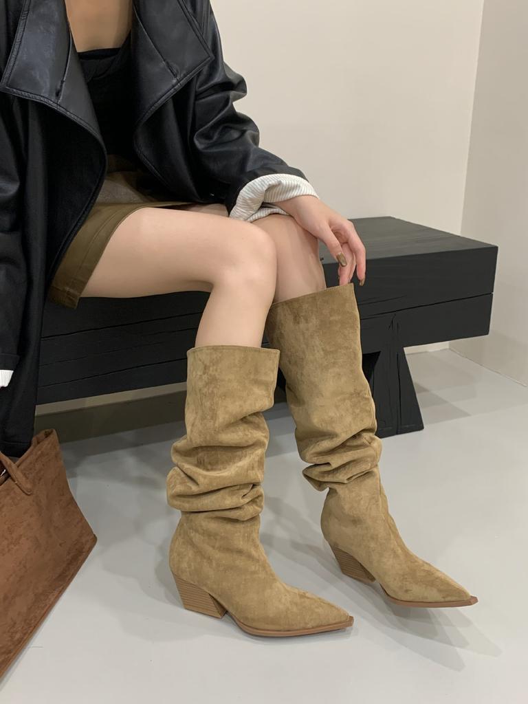High-heeled pointed khaki stacking boots high knight boots women's shoes 2025 new spring and autumn winter thin long boots