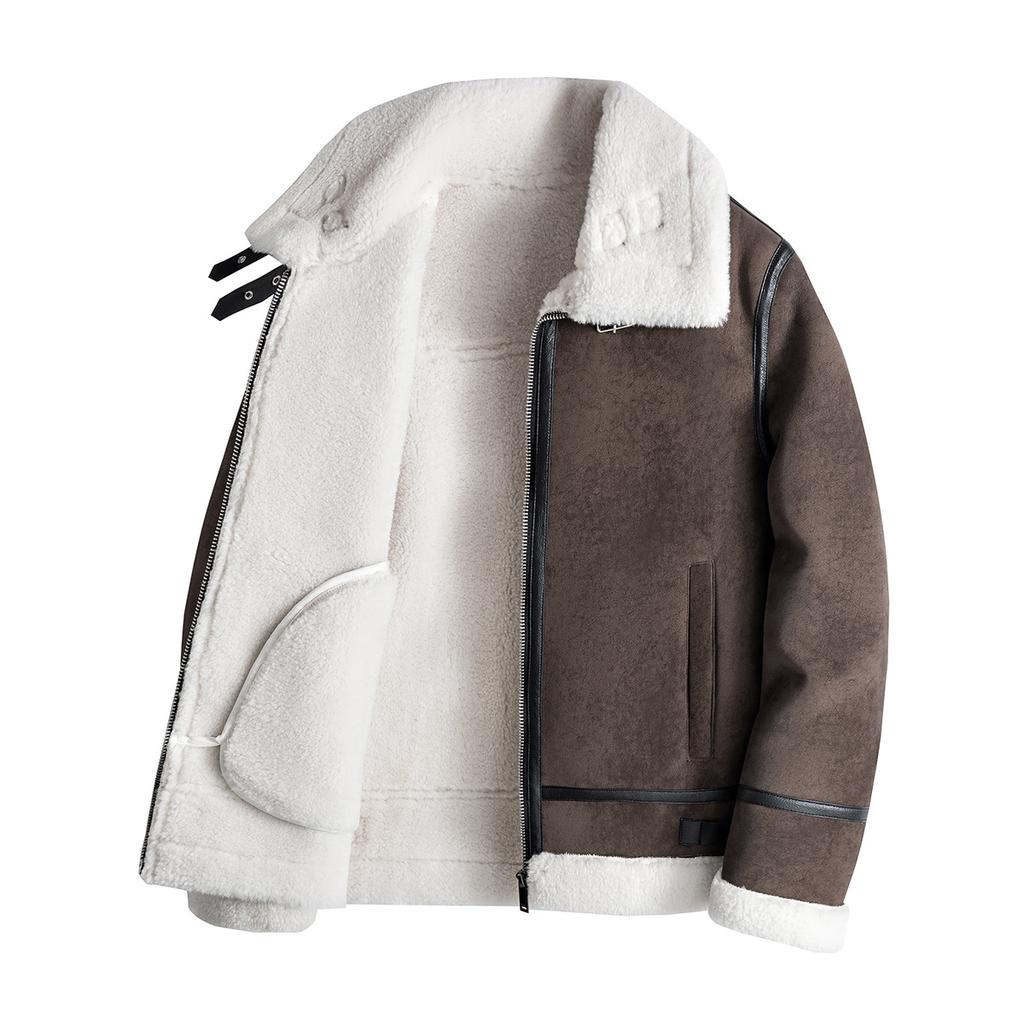 New fur integrated men's short locomotive lapel flight suit handsome PU leather jacket jacket trendy
