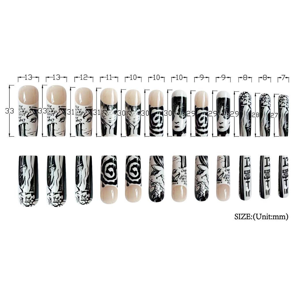 Black & White Manga Fake Nails Durable & Never Splitting Fake Nails for Adding Halloween Atmosphere