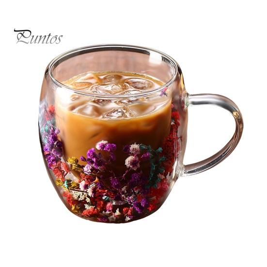 Double Wall Glass Floral Mug 250ml/350ml Clear Aesthetic Drink Cup with Insulated Handle Real Flower Decoration Double Layered Heat Preserving