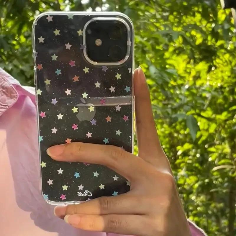 Colorful Star Graffiti Glitter Phone Case For iPhone 17 16 15 14 Pro Max 13 12 11 XS X 16E 7 8 Plus Transparent Shockproof Cover