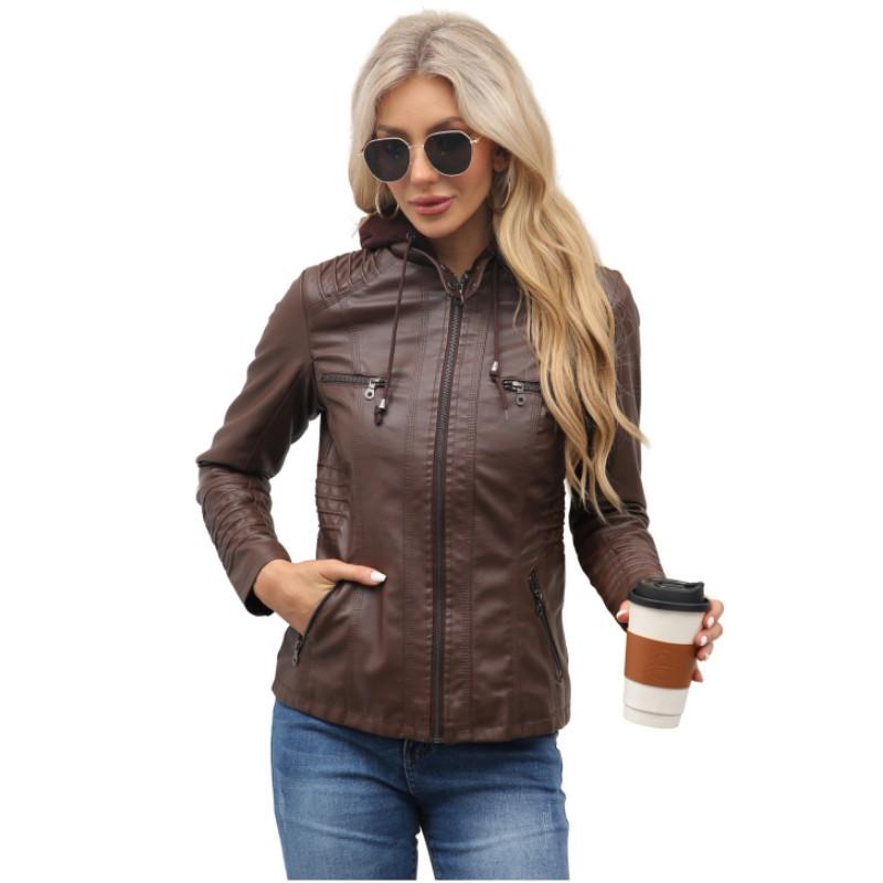 Women Autumn Hooded PU Leather Jacket Long Sleeve Zipper Motorcycle Jacket  Winter Outwear Coats