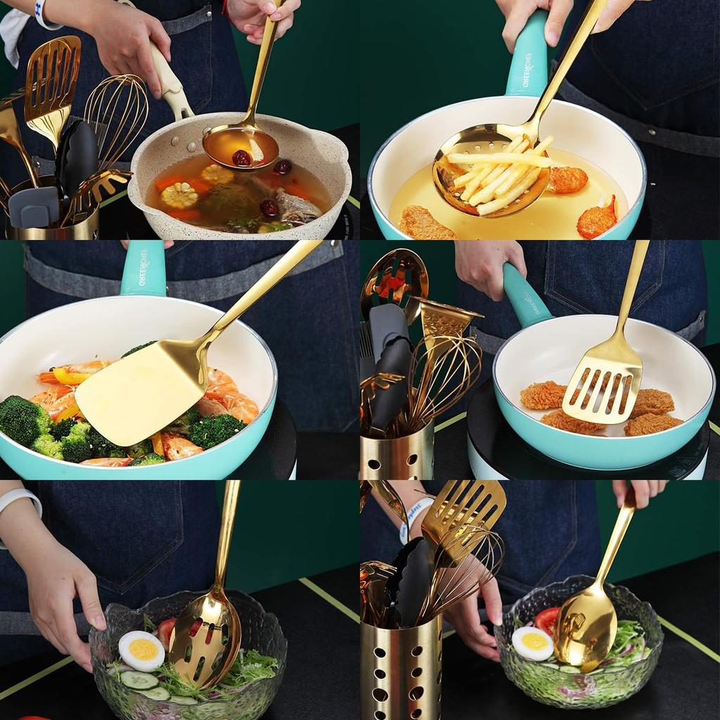 Evanda Kitchen Tools Set of 13 Gold Stainless Steel Titanium Plated Cookware Kitchen Utensils Baking Utensils Turner Ladle Pasta Shovel Spatula