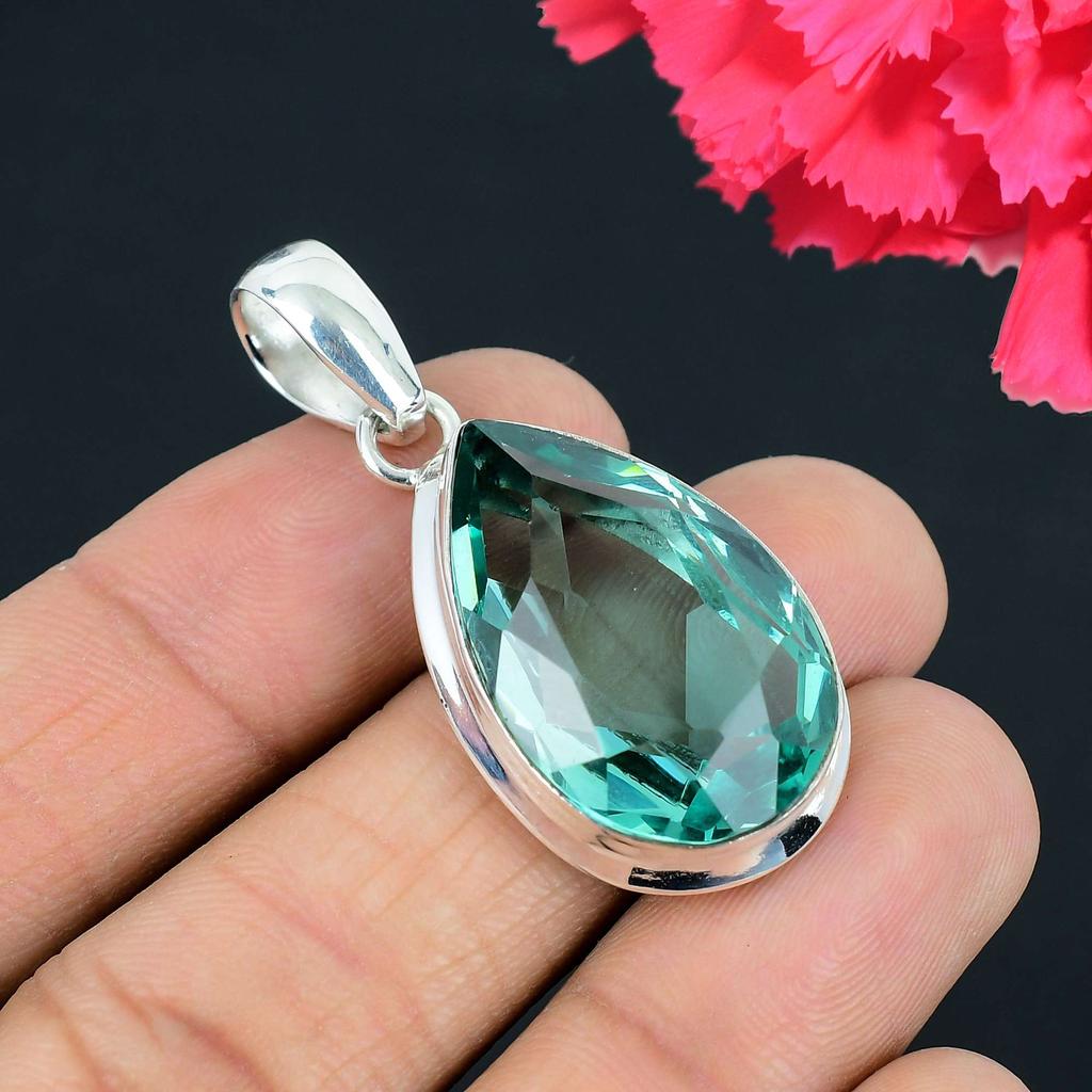 Pendentif Pierre Précieuse Aigue-Marine Argent Massif 925 Pendentif Bijou Cadeau Pour Unisexe