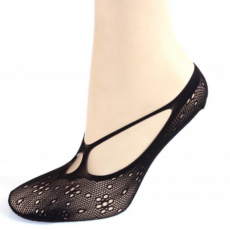 Antibacterial Non-Slip Black Mesh Boat Socks for Women