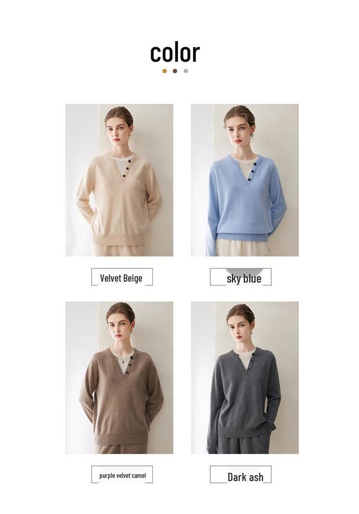 2026 A/W Women's Pure Cashmere Color Block Round Neck Two-Piece Knit Pullover Sweater