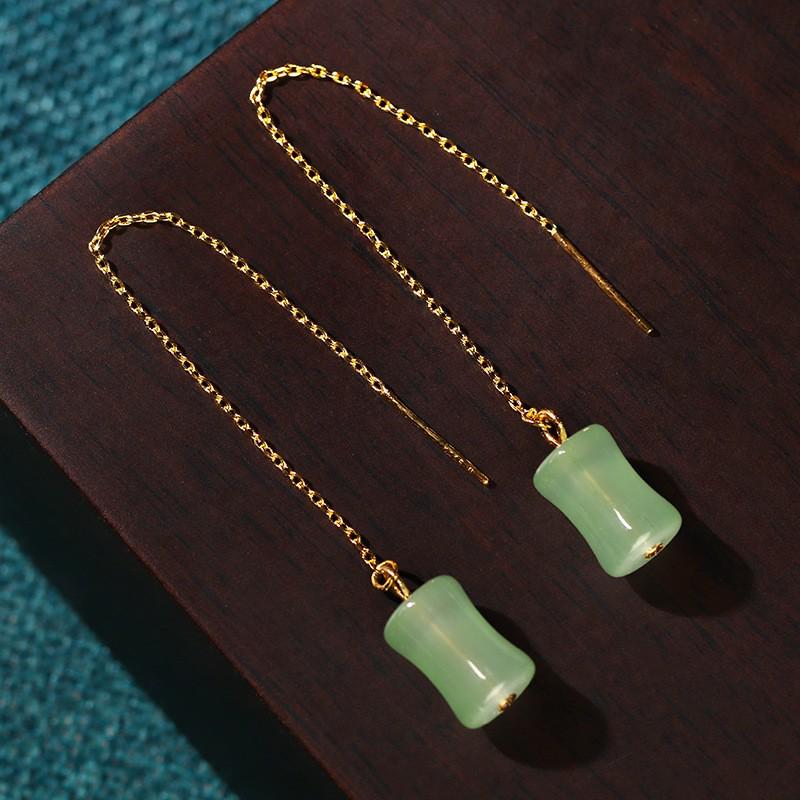 Aieryuan Design Bamboo Joint Earrings, Imitation Hetian Jade, New Chinese Style, Niche High-End Threaded Earrings.