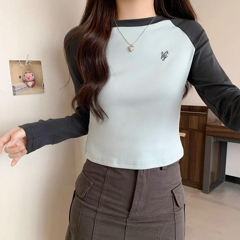 Knit Long Sleeve T-shirts for Women In Spring Design with Patchwork Embroidered Shirts with Sheer Tight Bottom Tops
