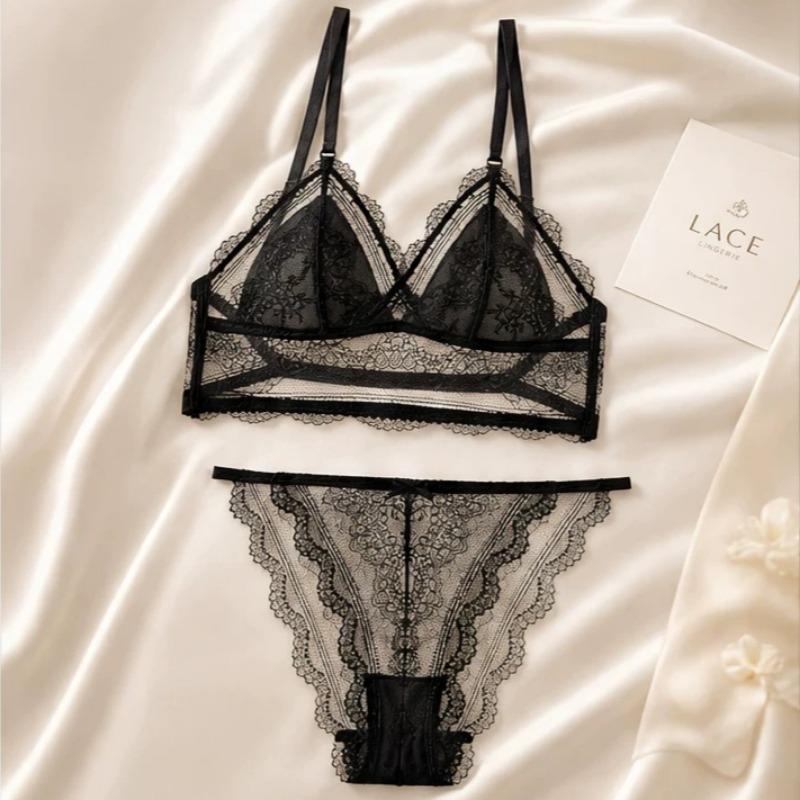 French U‑Shape Beautiful Back Lace Lingerie Set,Wire‑Free Thin Triangle Cup Sexy Bra Set for Women