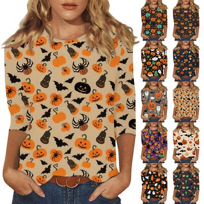 Moda de Mujer Casual Manga Tres Cuartos Estampado de Halloween Cuello Redondo Top