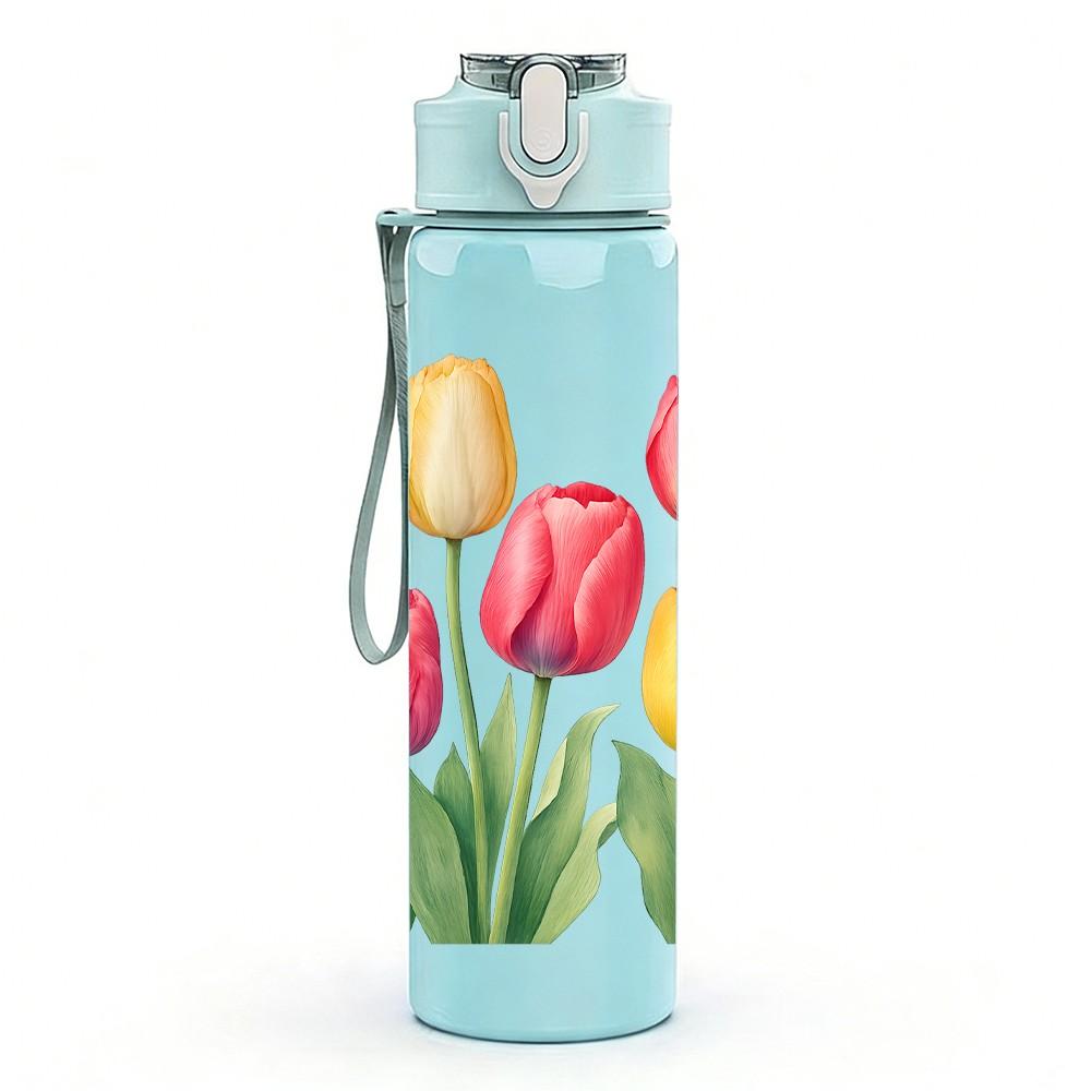 1PC Multicolor Tulip Flower Bouquet 750ml Color Plastic Sports Water Bottle Leakproof Flip Straw Lid For Sports Office Home Use