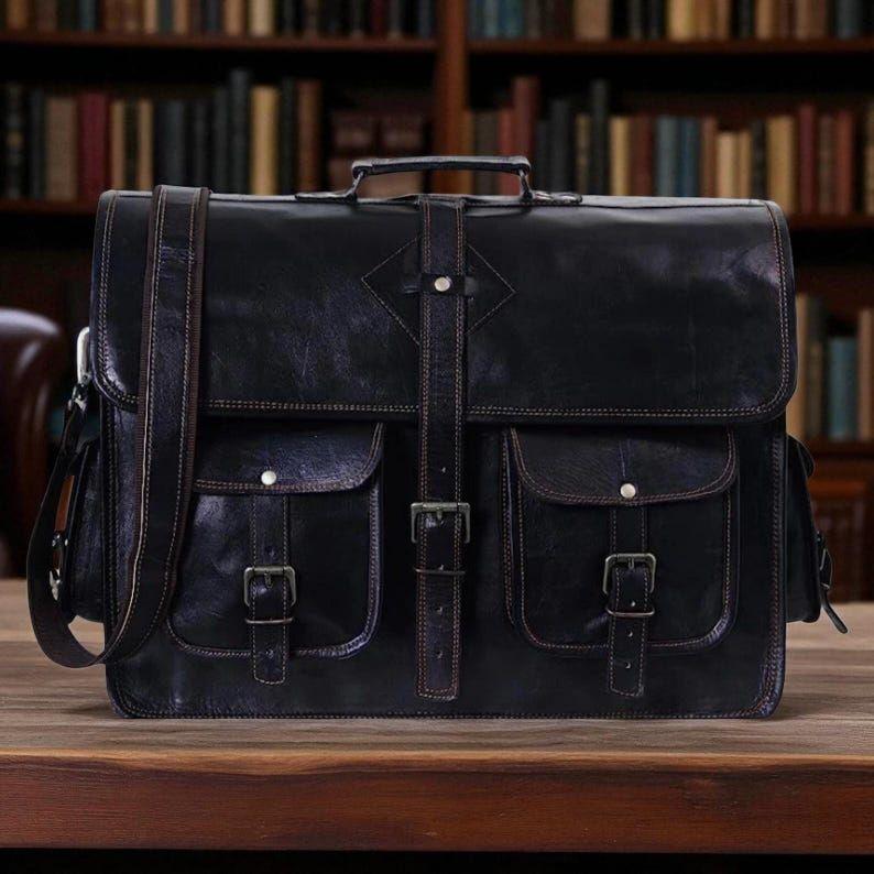 Handgefertigte Schwarze Leder-Umhängetasche – Vollnarben-Laptoptasche für Herren | Vintage Umhängetasche für Büro & Reisen