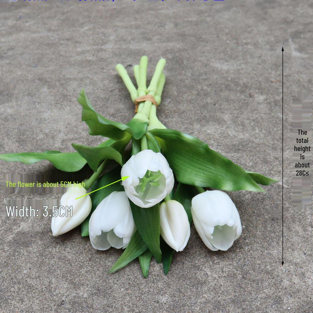 Latex Silicone Soft Rubber Tulip - 28CM Five-Headed Realistic Flower (3 Blooms, 2 Buds) Simulation Ornament