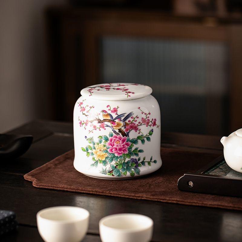 Large Ceramic Tea Caddy with Lid – Vintage Bird & Flower Design, Airtight Storage Jar for Loose Leaf Tea