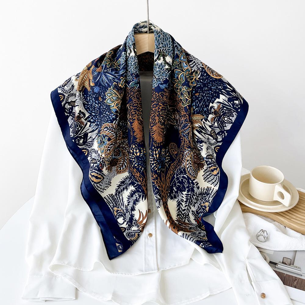 New Style Silk Scarf Dark Floral Design High-end Shawl Scarf Light Imitation Silk Square Scarf Scarf