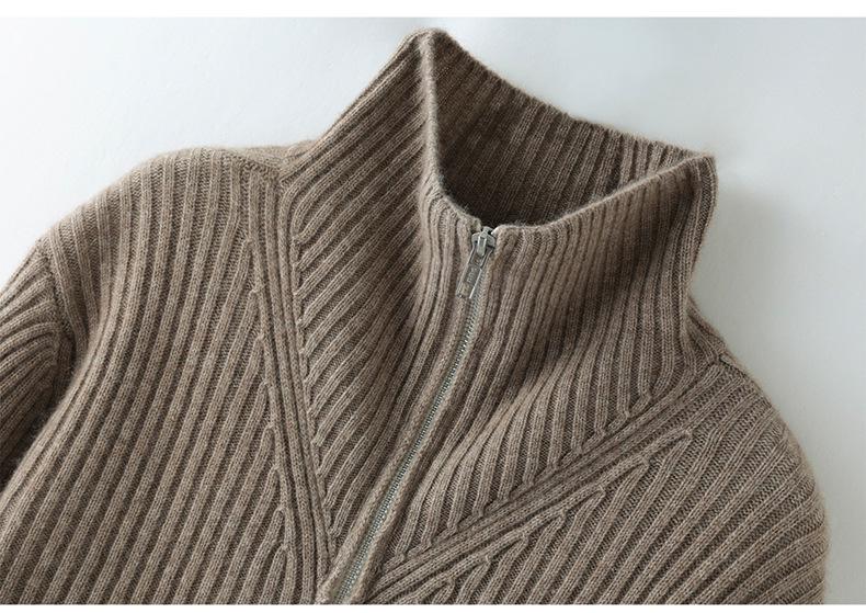 Women's Elegant Striped Cashmere Hooded Cardigan - Double Zipper Slim Fit (2026 Autumn/Winter)