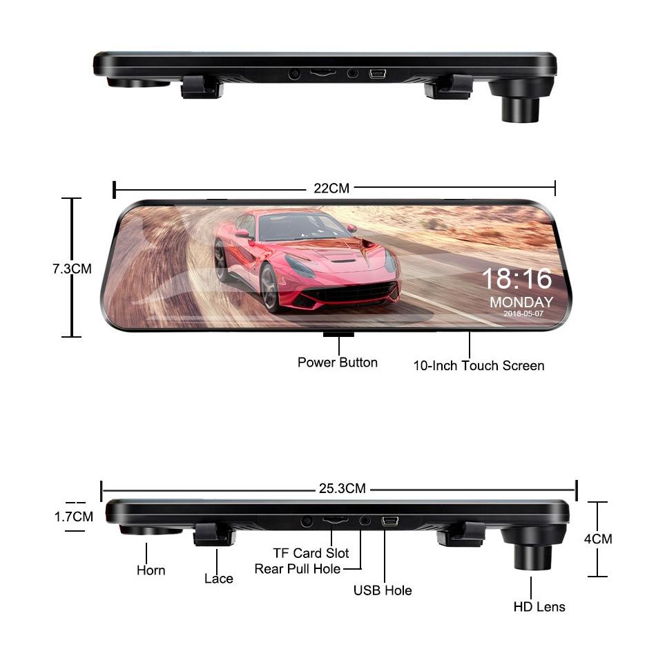 E-ACE 10 Inch Car DVR Mirror Video Recorder 1080P Touch Screen Dashcam For Car AHD Lens Streaming Driving Recorder Dash Camera