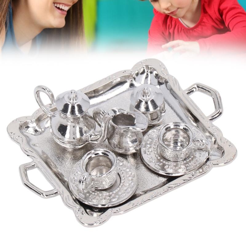 Mini Tea Set Metal 1/12 Scaled Simulation Lifelike Miniature Tea Cup Tray Kit For Dollhouse