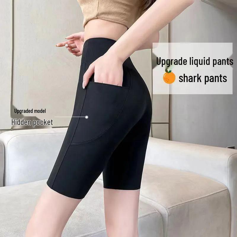 Plus Size Women's Yoga Shorts: Shark Print, Tummy Control, Pocket, Hip Lift, Black Leggings