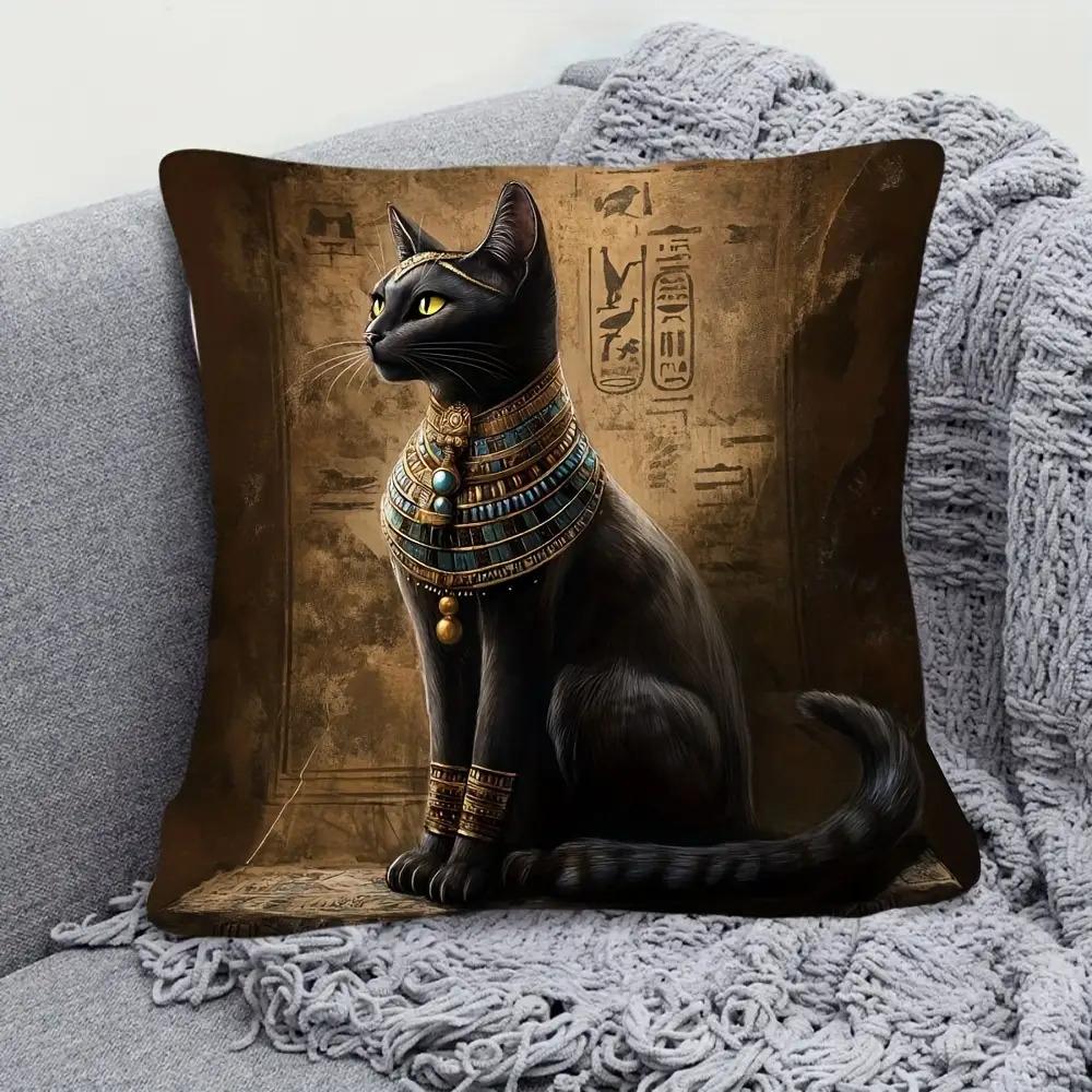 2D flat-Vintage Egyptian Bastet Black Cat Throw Pillow Cover Ancient Egypt Hieroglyphics Decorative Cushion Case for  Bedroom