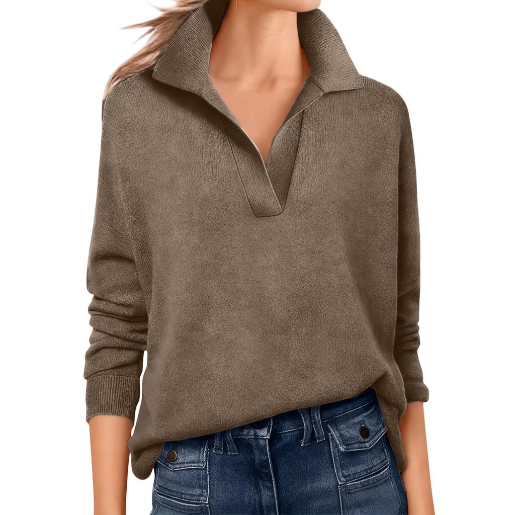 Women’s Long Sleeve Knit Pullover Sweater with Ribbed Hem and Collared V-Neckline for Casual and Office Wear