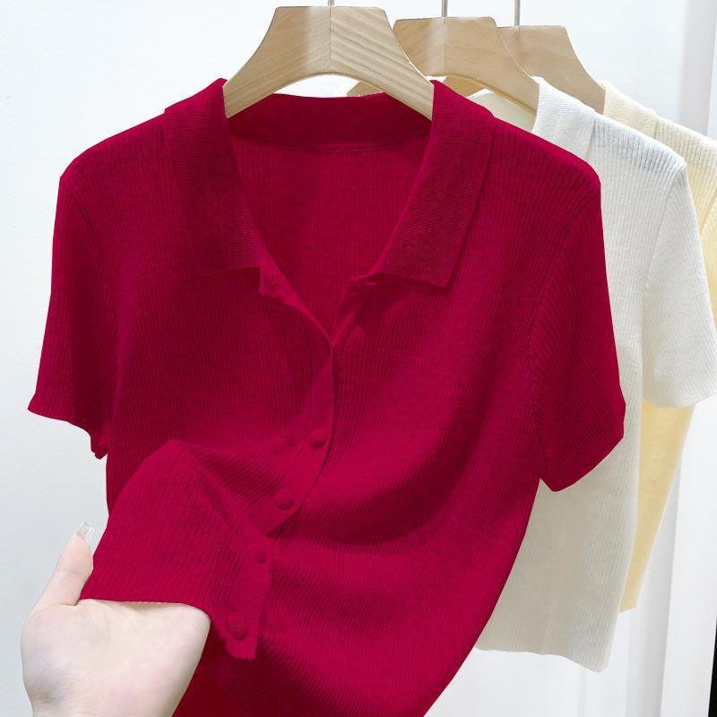 Women's Thin Polo Neck Knitted T-shirt Summer Solid Color Versatile Short Cardigan Top