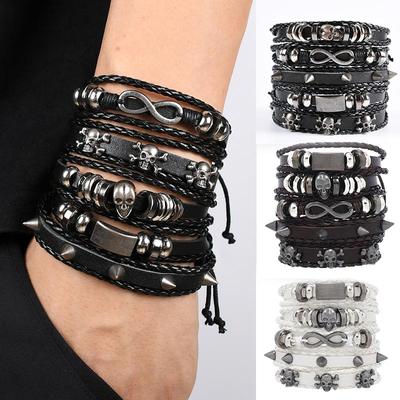 Pulseira de couro vintage com caveira hip hop, 5 peças, para homens, gótico, punk, adolescente, acessórios de joalheria de rua, pulseira feita à mão