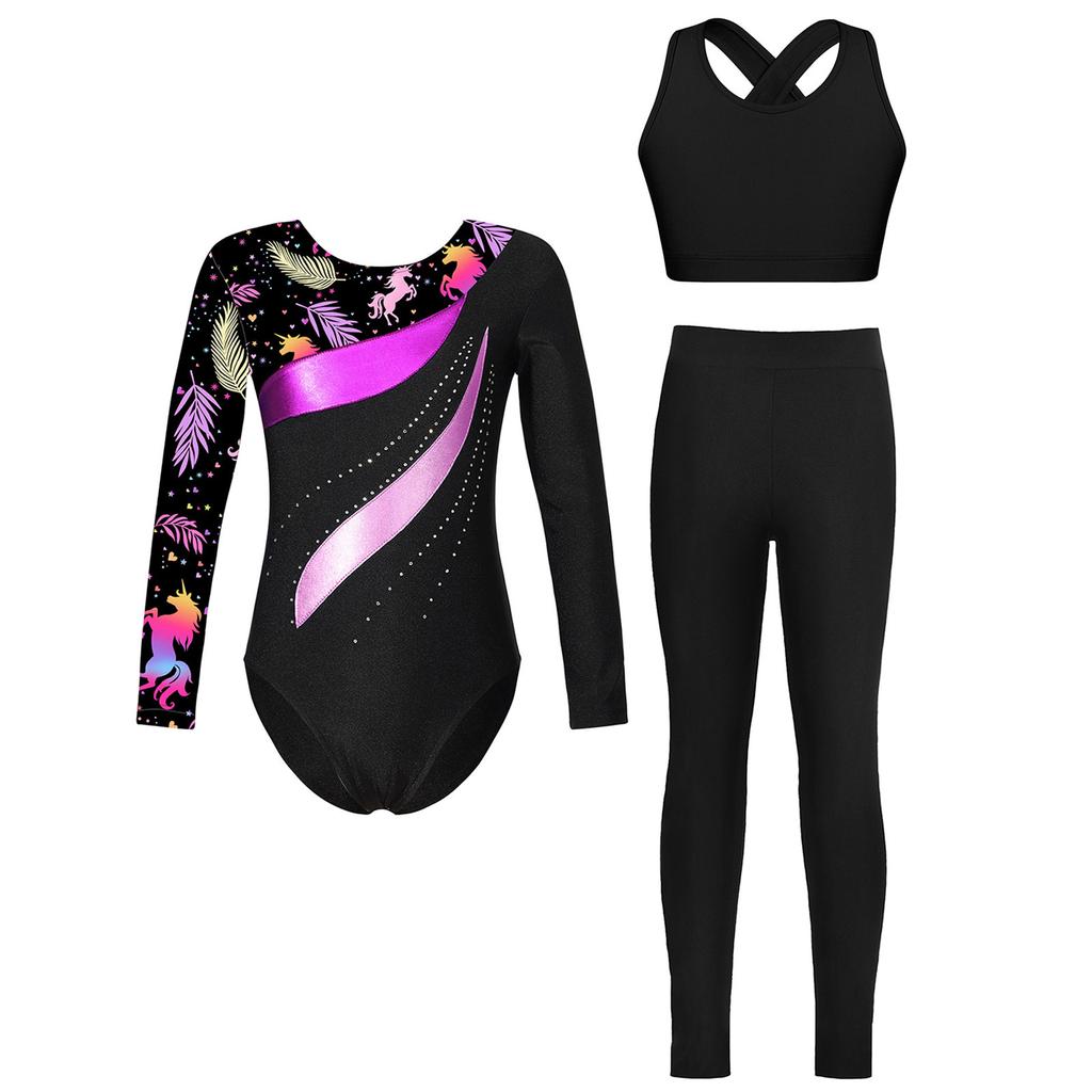 3-teiliges Turnset für Mädchen: Langärmliger Metallic-Patchwork-Turnanzug mit gekreuztem Rückenteil und Leggings