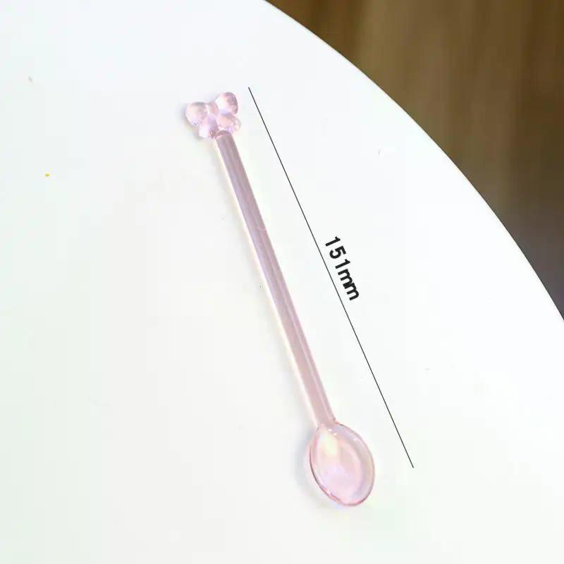 Pink Bow Glass Coffee Spoon, Long-handled Dessert/milk Tea Stirring Spoon, Heat-resistant Teaspoon, Household Kitchen Tool.