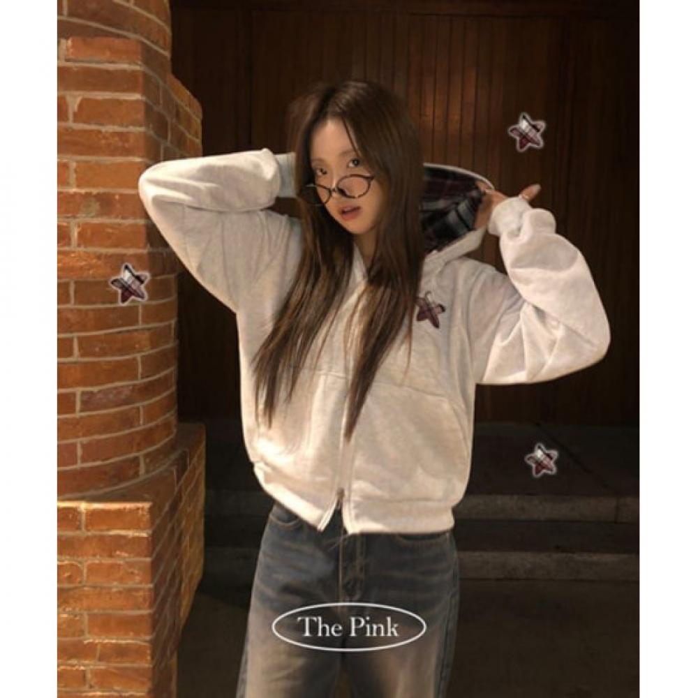 The Pink Two Way Star Patch Check Long Sleeve Hoodie Zip Up