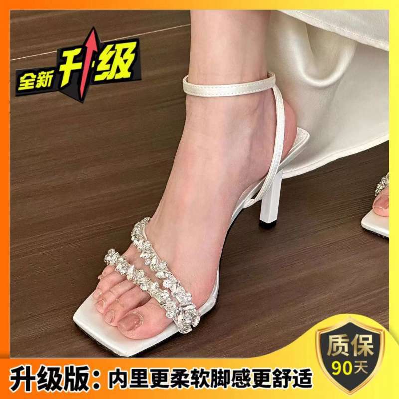Elingstudio premium open-toed white rhinestone one-word with high-heeled sandals women's summer square-head stilettos