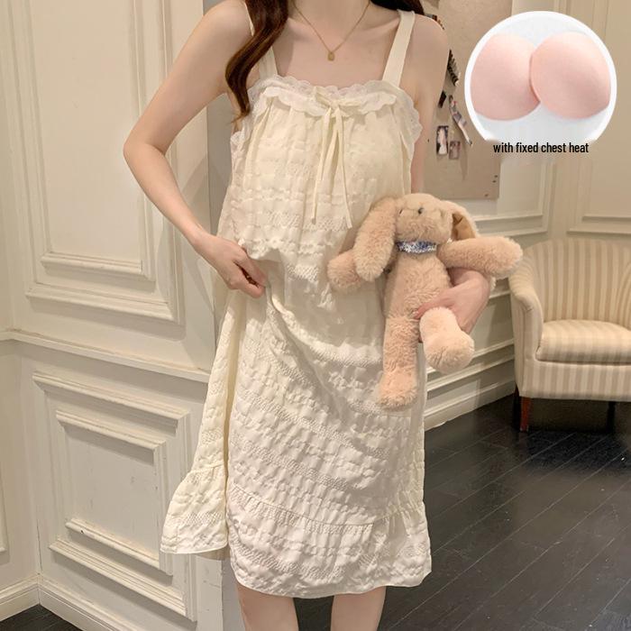 2026 Summer Sweet Princess Woven Cotton Nightgown with Chest Pads – Women's Long Camisole Loungewear