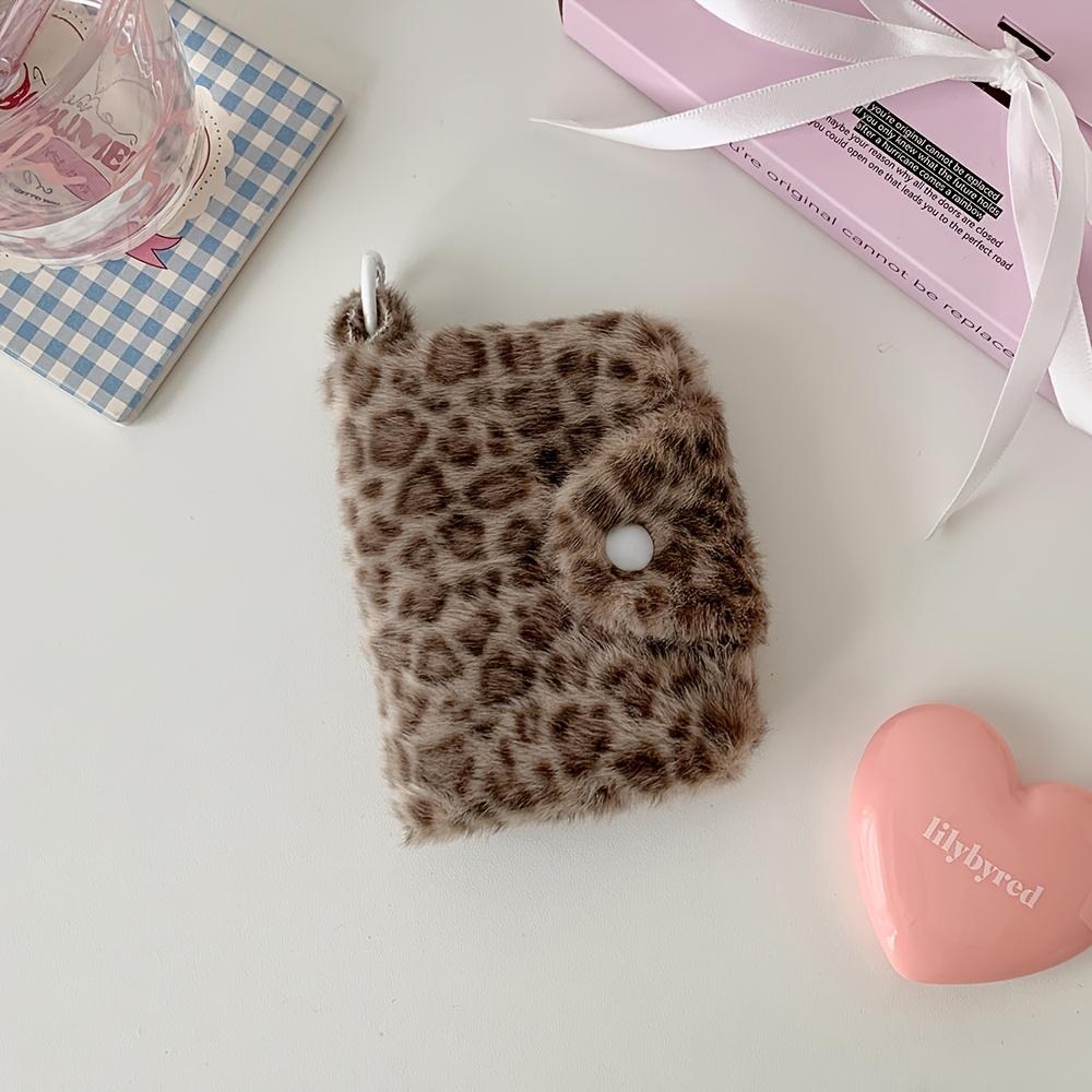 Cute Plush Leopard Pattern Snap Card Bag for Girls Mini Storage Wallet Coin Wallet Pendant Earphone Bag Women's Gifts
