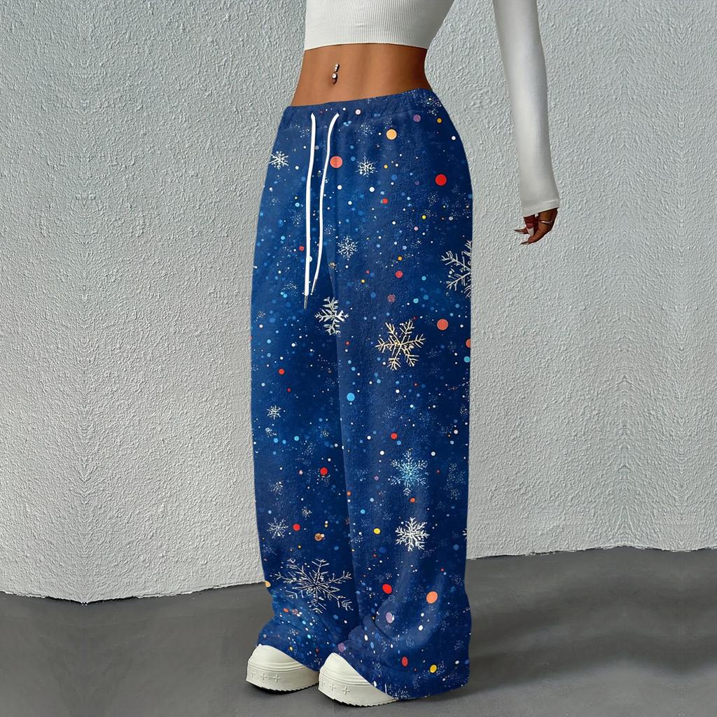 Women's Casual Christmas Printed Loose Straight Leg -Lined Pants with Elastic Waist