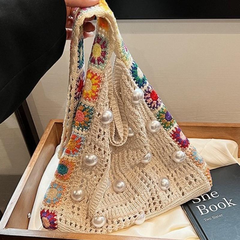Bohemian Folk Wind Hook Floral Bag Women's Knitted Wool Crossbody Bag Relaxant Tote Bag
