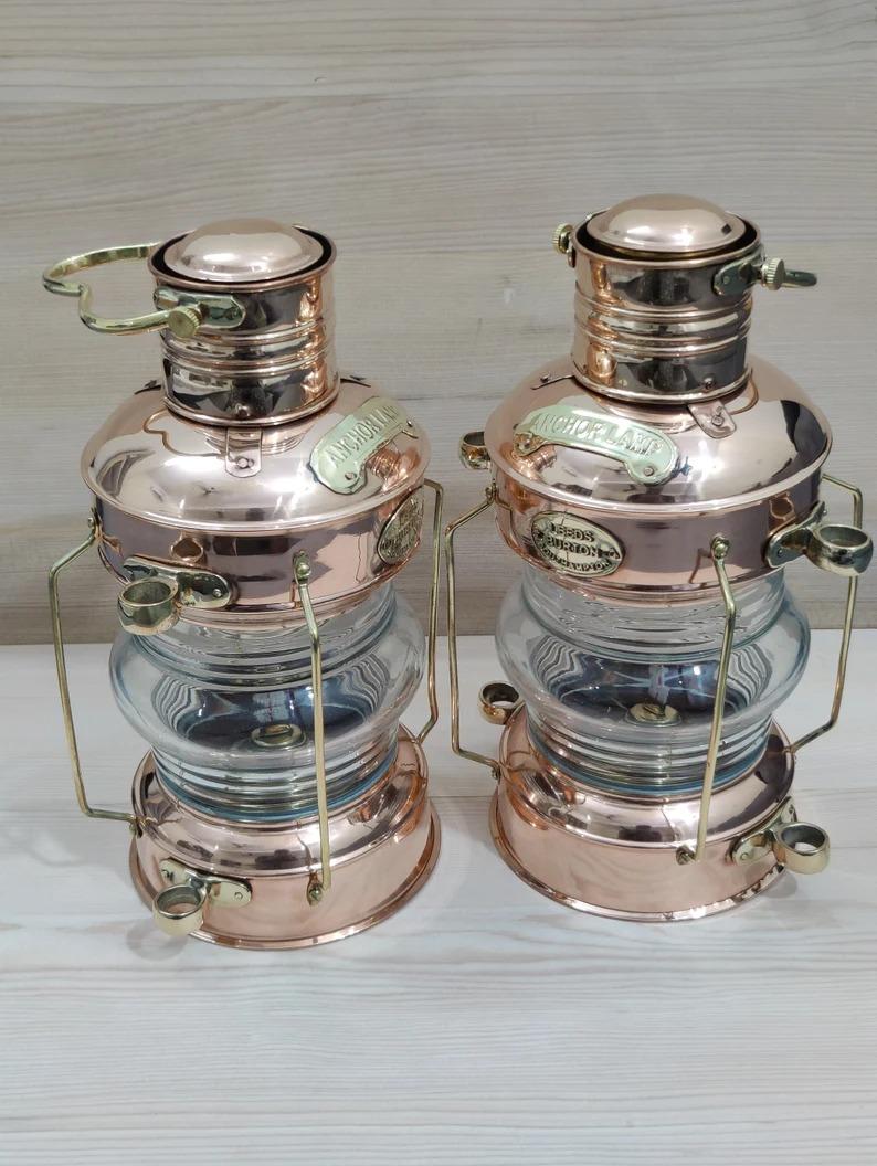 

Set of 2 Brass Anchor Oil Lamp Nautical Maritime Ship Lantern Boat Light Design For Home Decor, Maritime Ship Lantern Outdoor Lamp 10 inch мідний