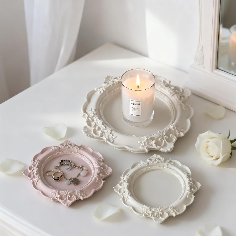 European Vintage Relief Lace Gypsum Tray DIY Handmade Ornament Round Oval for Coffee Table Snack Candy Storage Tray