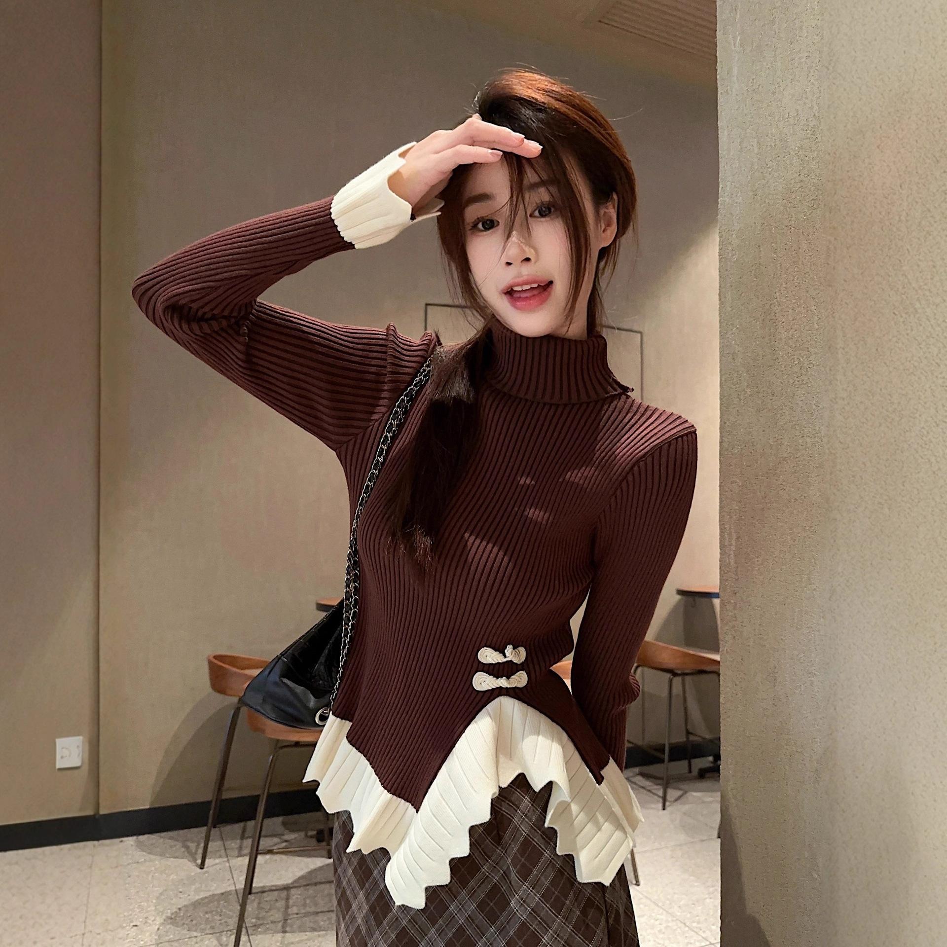 

Lazy wind irregular contrasting colors disc-buckled ruffle edge knitted sweater women s autumn and winter slim-fit turtleneck one size fits all