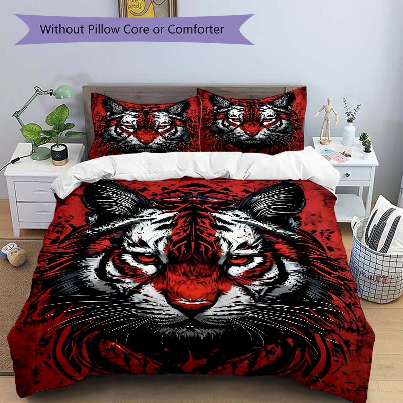 3pcs Red and Black Tiger Print Bedding Set (1 Cover + 2 Pillowcases, Without Inserts), This Printed Bedding Set is Soft and